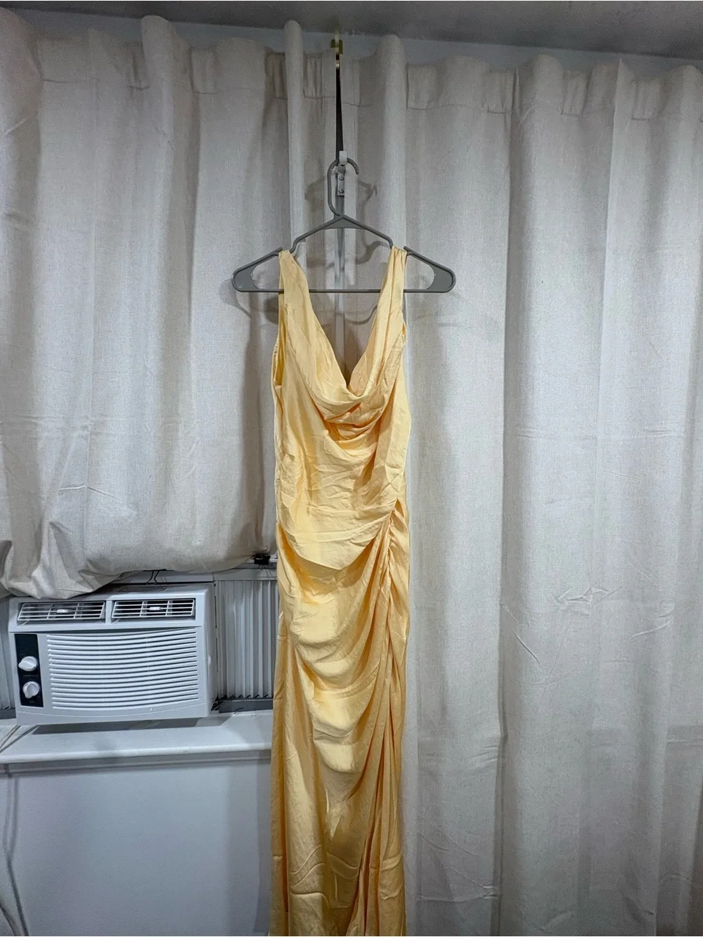 Satin Cowl Neck Ruched Midi Dress - Yellow